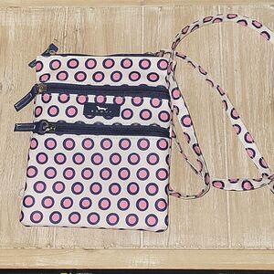 SCOUT Sally Go Lightly  Blue White Pink Polka Dot Crossbody Purse Triple Zip